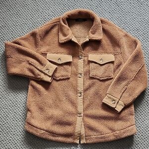 Zesica Tan Sherpa Brown Button Front Women's Jacket Side Pockets Size Large